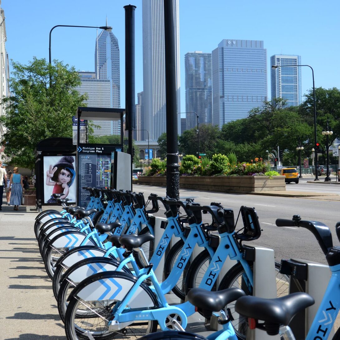 Bike station on a sidewalk