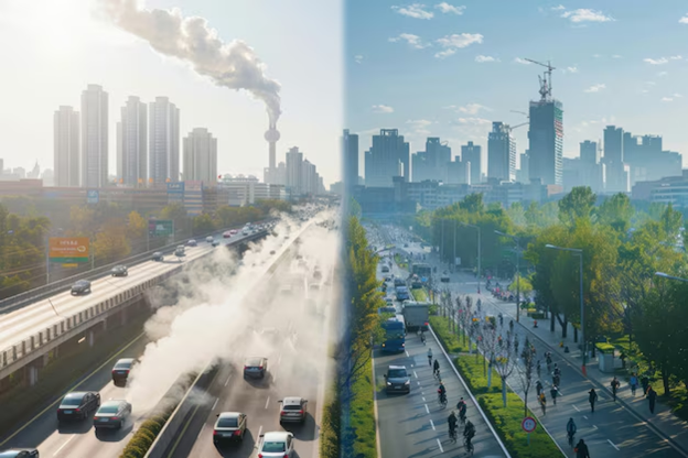 A split image of a city